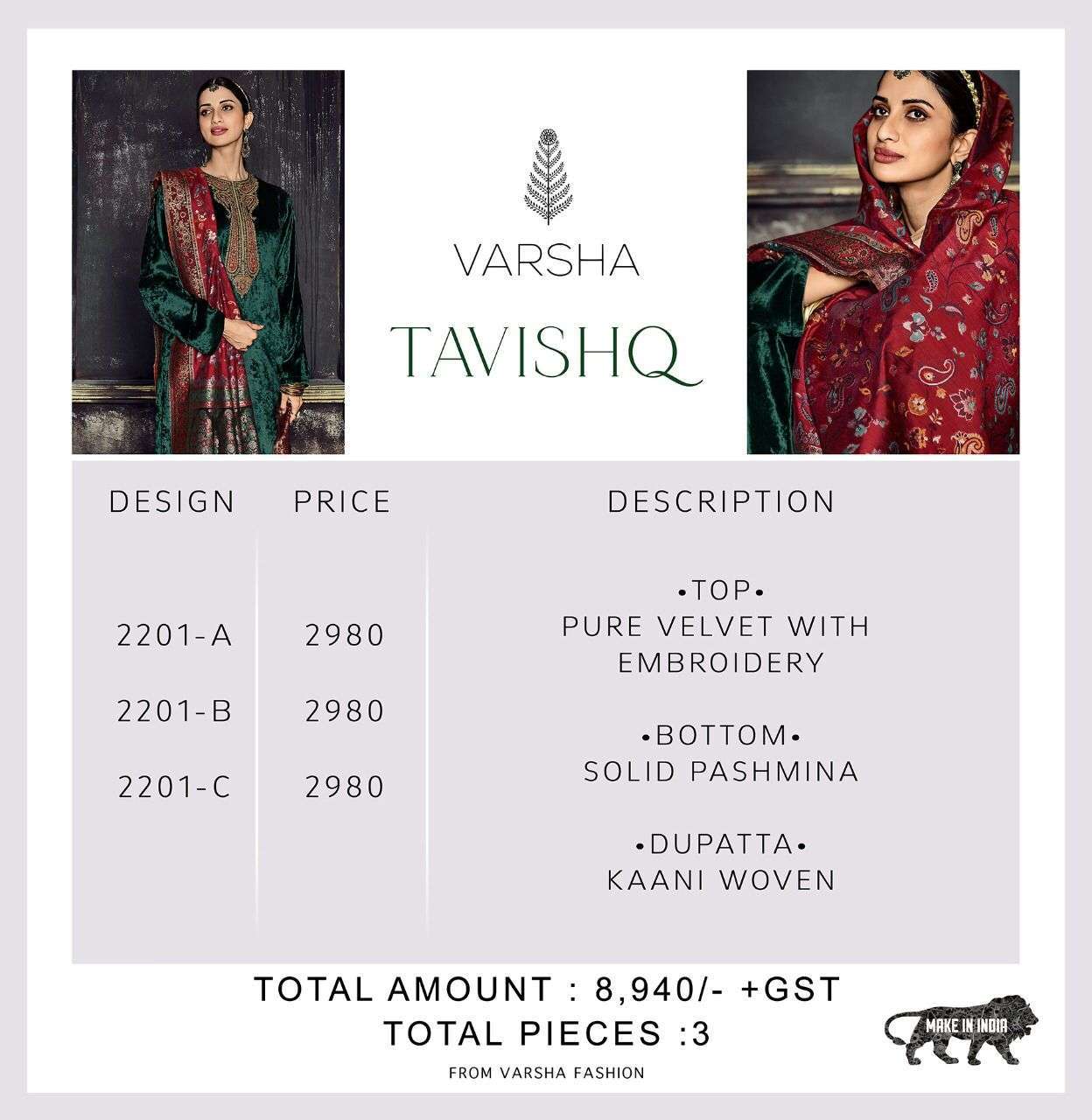 Varsha fashion tavishq designer pure velvet embroidered suits collection at Wholesale Rate 