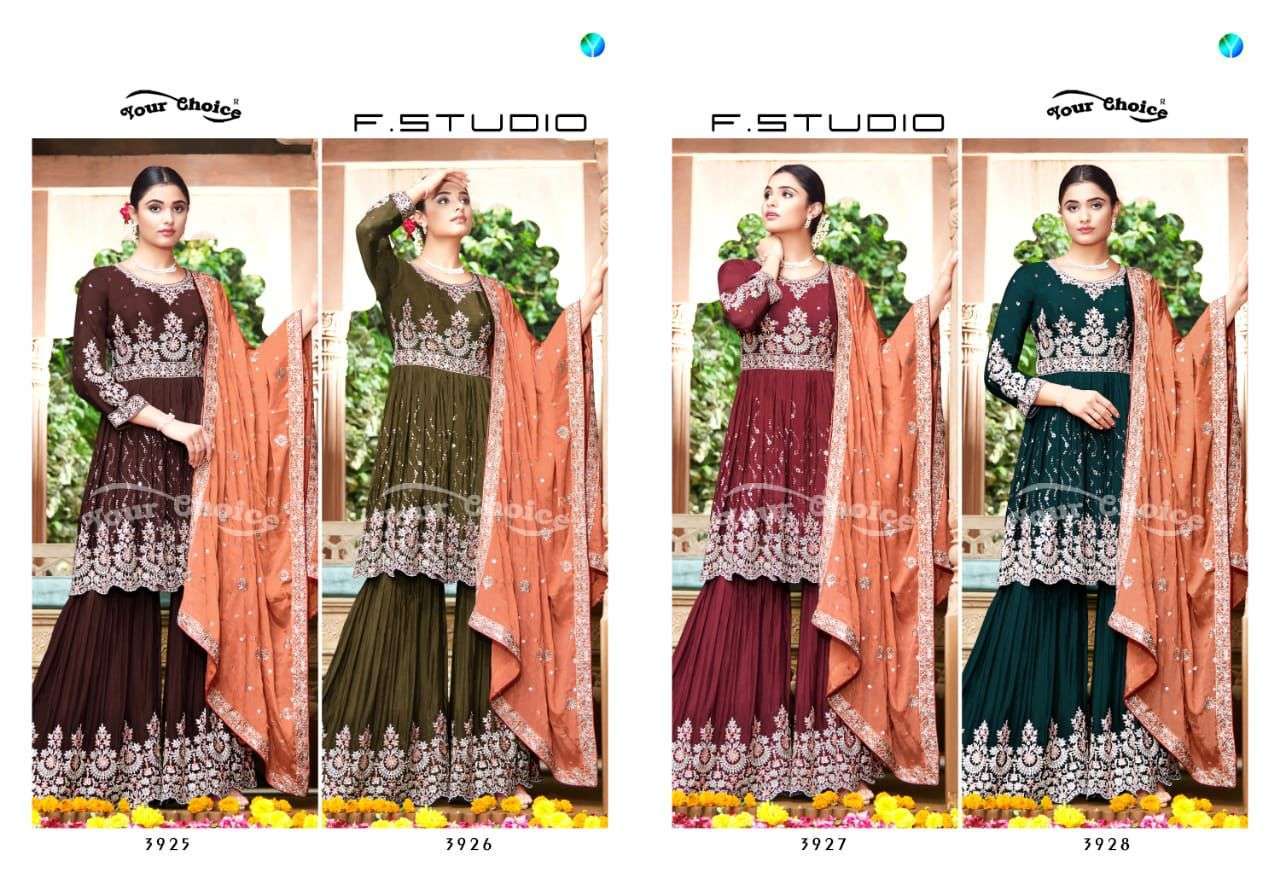 Your choice f studio heavy chinon with embroidery work readymade peplum style suits at Wholesale Rate 