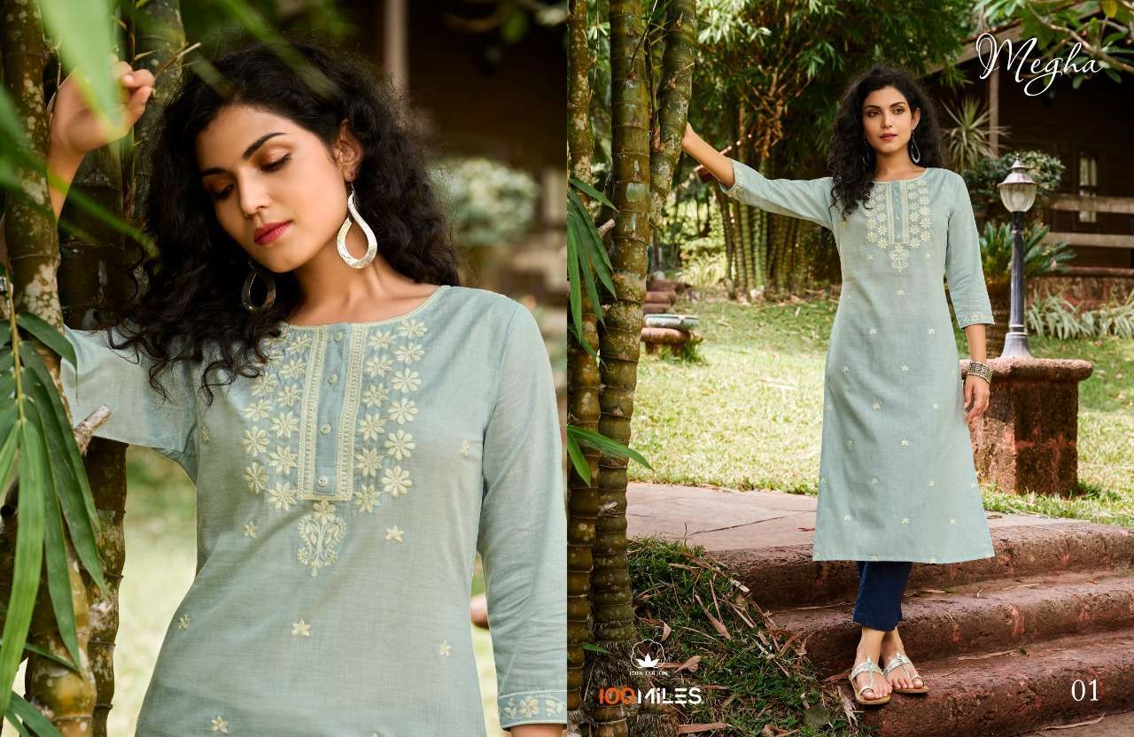 100 miles Megha Pure Linen Cotton With fancy Work kurti collection
