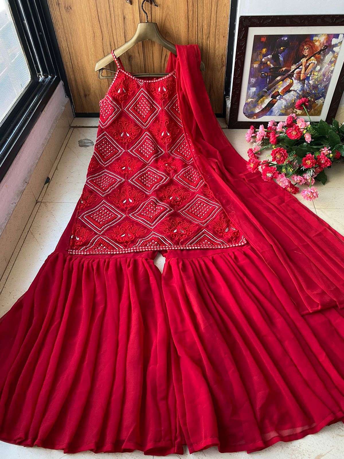 Red Colour Georgette With Embroidery Work Kurti With Sharar Collection