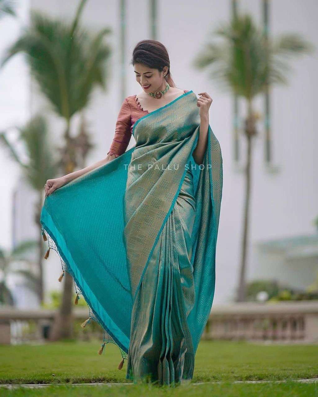 Rama color Soft banarasi silk with weaving Party wear saree collection