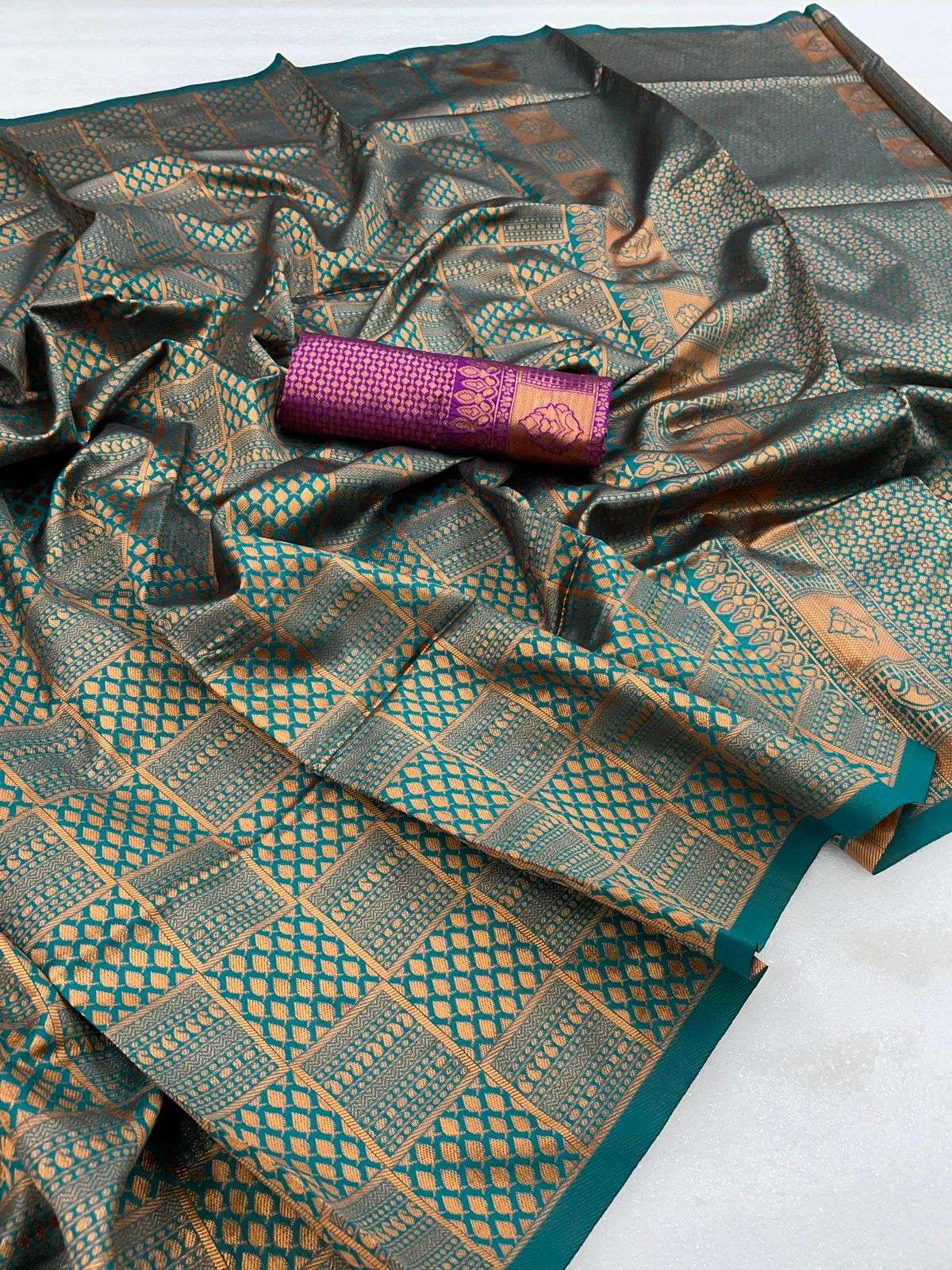 Rama color Soft banarasi silk with weaving Party wear saree collection
