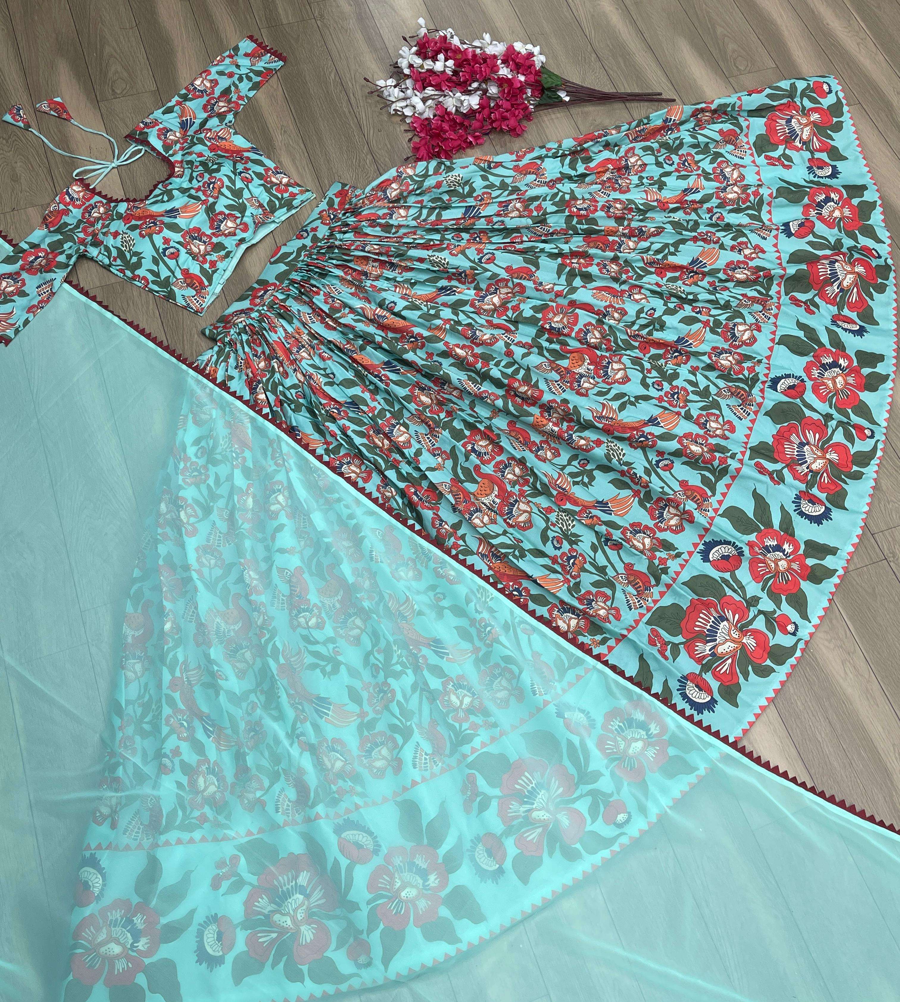 KALAMKARI PRINTED CREAP SILK READYMADE LEHENGA CHOLI COLLECTION (1)