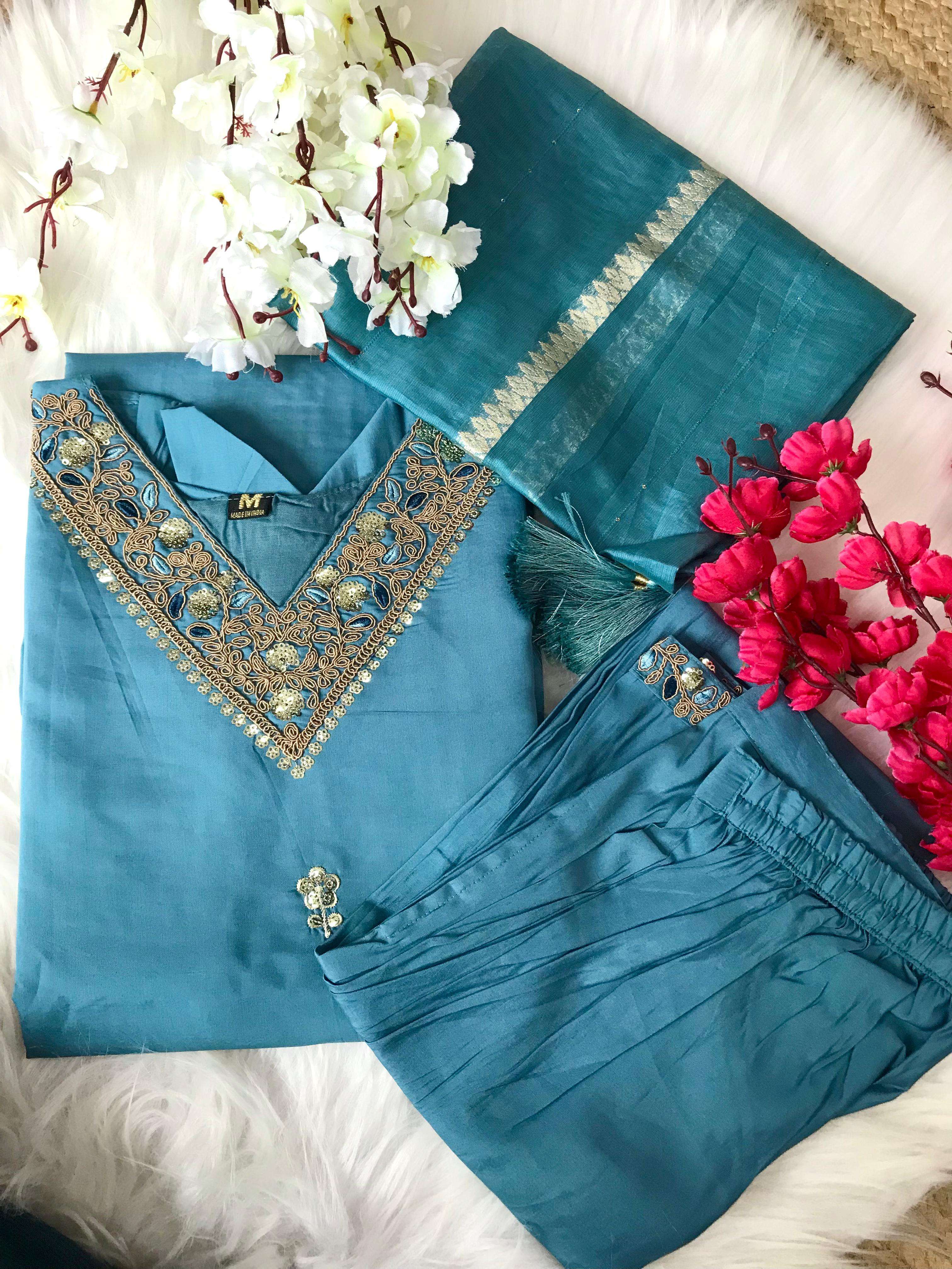 BLUE SHADES ROMAN SILK FANCY READYMADE SUITS SUPPLIER IN SURAT