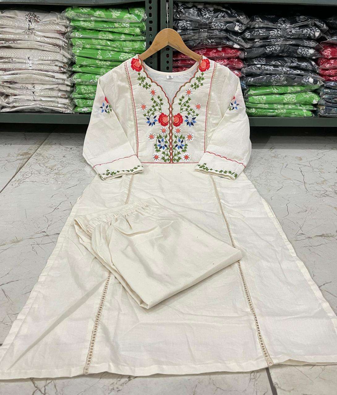 WHITE SHADE WITH MALTI COLOUR EMBROIDERY NECK WORK READYMADE SUITS ...