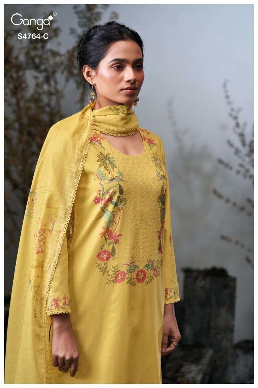 GANGA MAVIKA 4764 COTTON PRINTED WITH HANDWORK SALWAR SUIT MATERIAL SET ...